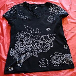 CROFT& BARROW EMBROIDERED BLACK SHORT-SLEEVED COTTON T-SHIRT, W/WHITE STITCH, S